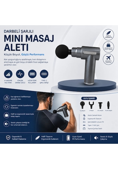 Darbeli Şarjlı Mini Masaj Aleti Type-c Şarjlı 6 Kademeli Sessiz Sporcu Masaj Cihazı