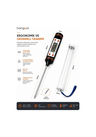 Dijital Gıda Termometresi Paslanmaz Çelik Prob Lcd Ekranlı Mutfak Et Fırın Bbq Sıvı Sıcaklık Ölçer -50 C / +300 C