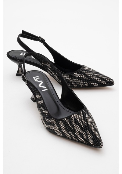 Luvishoes Luvi Shoes Ushes Siyah Saten Taşlı Kadın Kısa Topuklu Abiye Ayakkabı Siyah