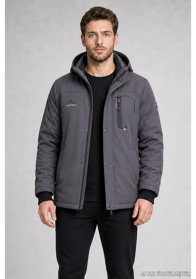 Freemen Erkek Kapüşonlu İçi Kürklü Su Ve Rüzgar Geçirmez Outdoor Softshell Mont-414 Gri