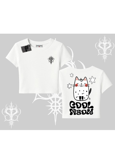 Startmore Startmore Cool Meow Yazılı Sevimli Kedi Arka Baskılı Babby Tee Tshirt Beyaz
