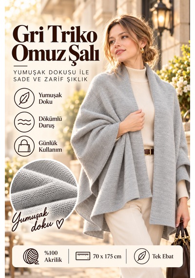 Comerciante Gri Düz Triko Kadın Omuz Şalı Yumuşak Dokulu Kışlık Şal 70x175 Cm %100 Akrilik Gri - 930337046 Gri