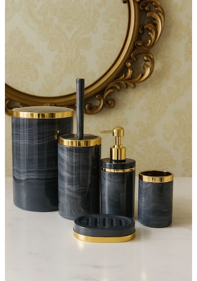 Makri Home Banyo Seti 5'li,akrilik-çöpkovası,wc Fırçalık,sıvı Sabunluk,diş Fırçalık,el Sabunluk,gold Renk Detay Gri