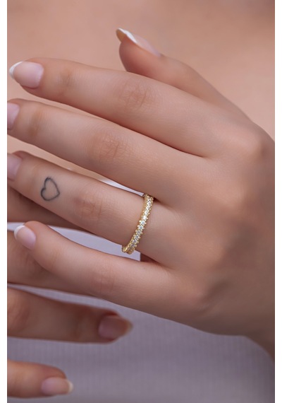 Nereze 925 Ayar Gümüş Zirkon Taşlı Gold Tek Sıra Tamtur Kadın Gümüş Yüzük