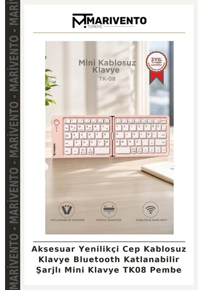 Aksesuar Yenilikçi Cep Kablosuz Klavye Bluetooth Katlanabilir Şarjlı Mini Klavye Tk08 Pembe