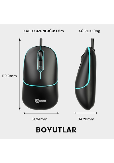 Lecoo MS110 USB Kablolu RGB 2400DPI 4 Tuşlu Sessiz Click Optik Mouse