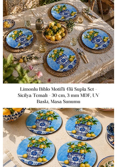 Limonlu Biblo Motifli 4lü Supla Set 30 Cm Mdf Uv Baskı Çok Renkli