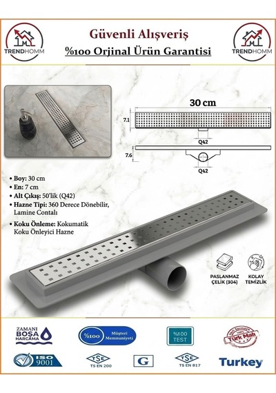 Trendhomm Duş Gider Kanalı - Dönerli Alt Hazne - Paslanmaz Izgara 30 Cm