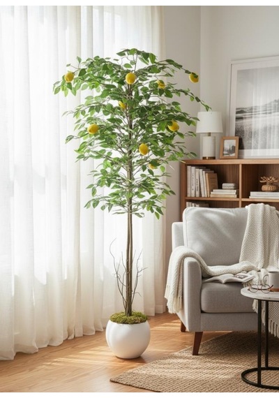 Yapay Limon Ağacı 160cm 10 Limonlu Doğal Görünümlü Beyaz Küre Plastik Saksılı Yapay Ağaç Sarı