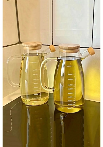 2li Bambu Kapaklı 1000 Ml Yağdanlık Borosilikat Cam Yağlık Sirkelik Şişesi Master Vakumlu Sosluk