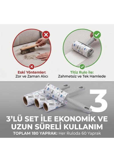 3'lü Set Tüy Toplayıcı Rulo Toplam 180 Yaprak 3x60 Kıyafet, Koltuk, Evcil Hayvan Kedi/köpek Tüyü Ve Saç Temizleme Rulosu
