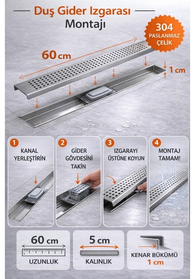 60 Cm Lineer Duş Gider Izgarası 304 Paslanmaz Çelik 5 Cm Genişlik Üst Kapak