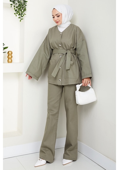 Bestenur Kemerli Ceket Pantolon Gabardin Takım 1557 - Mint Mint Yeşili