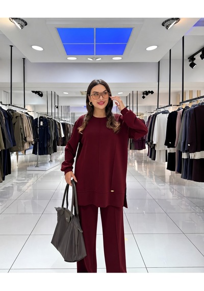 Blue Day's Oysho Puf Kumaş Tesettür Alt Üst Takım Bordo