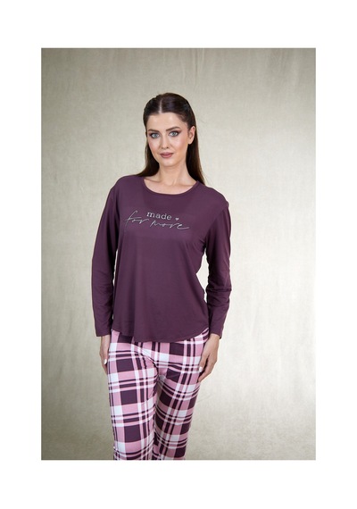 Estiva Kadın Kareli Alt Desenli Mürdüm Uzun Kollu Soft Pijama Takımı Çok renkli