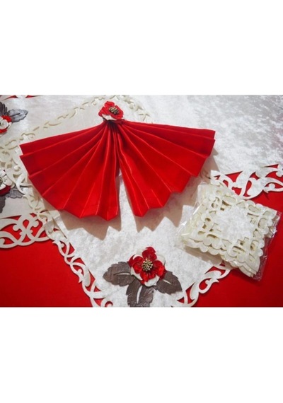 Afife Kadife Krem Kırmızı Sofra Takımı 8 Kişilik 160x230cm 34 Prç.- 373 Çok Renkli