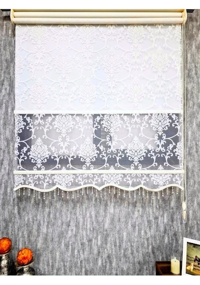 Bbb Simli Boncuklu Damask Desenli Çift Mekanizmalı Tül Stor Perde Ekru Mt1018sb Ekru