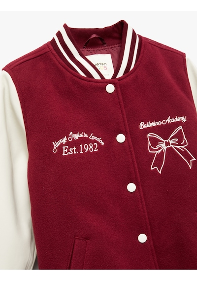 Koton Kurdele İşlemeli Uzun Kollu Bomber Kolej Ceket Bordo 6wkg20005aw Bordo