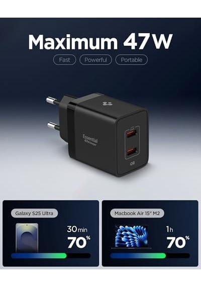 47w Usb-c 2 Port Mini Hızlı Şarj Aleti Pps 2.0 Super Hızlı Şarj Gan Pro Isı Düşürücü Güç Adaptörü Ak