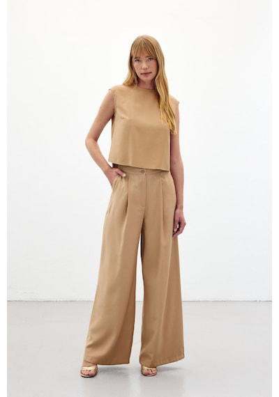 Sateen Geniş Paça Pantolon - Camel-136453 Camel