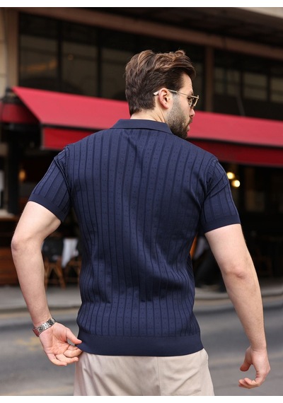 Lacivert Polo Yaka Slim Fit Triko Erkek Tişört E7465