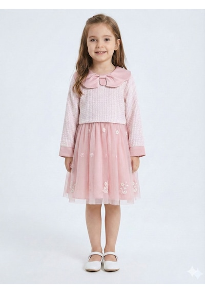 Xo Kids Bebe Yakalı Çiçek İşlemeli Tüllü Fiyonklu Kız Çocuk Elbise 3-8 Yaş 4423 Pembe