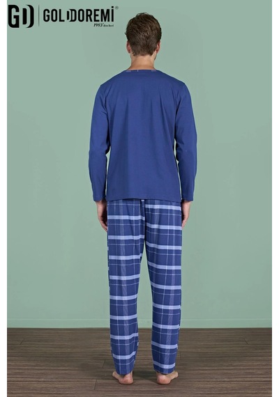 Gd Goldoremi Erkek Düğmeli Yaka Ekoseli Uzun Kollu Pijama Takım Mavi