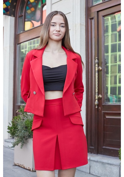 Kadın Hafif Esnek Kumaş Yakalı Cep Kapaklı Uzun Kol Düğmeli Blazer Ceket-kırmızı Kırmızı Kadın Hafif Esnek Kumaş Yakalı Cep Kapaklı Uzun Kol Düğmeli Blazer Ceket-kırmızı Kırmızı