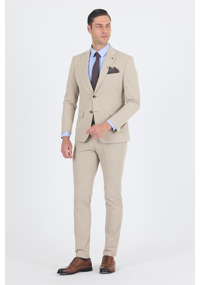 İmza Bej Mono Yaka Yarım Astar 6 Drop Slim Fit Beli Lastikli Takım Elbise 1001250121 Bej