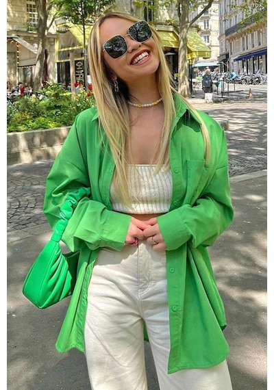 Madmext Yeşil Oversize Basic Cepli Poplin Gömlek Mg1530 Yeşil