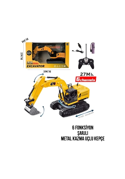 27 Mhz Uzaktan Kumandalı 6 Fonksiyonlu Şarjlı Kazma'sı Metal Kepçe Oyuncak 28 Cm Sarı