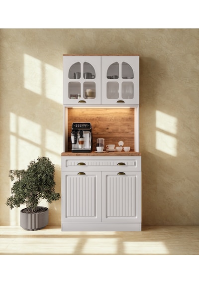 Retro Mini 93 Cm Kahve Köşesi & Çok Amaçlı Mutfak Dolabı Ceviz - Beyaz