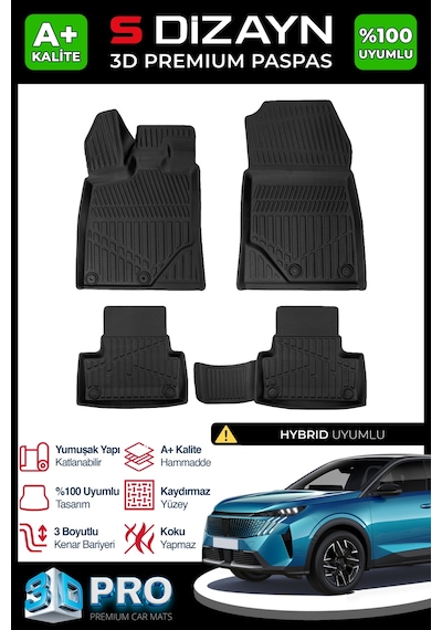 S-dizayn Peugeot 3008 Hybrid 3d Pro Havuzlu Paspas 2024 Üzeri A+ Kalite