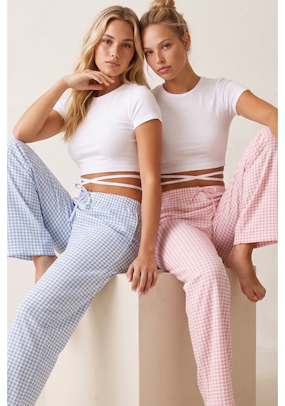 Siyah İnci 2'li Fiyonk Desenli Yumuşak Tuşe Kışlık Örme Tek Alt Pijama Altı 8074 Pembe Mavi Ekose