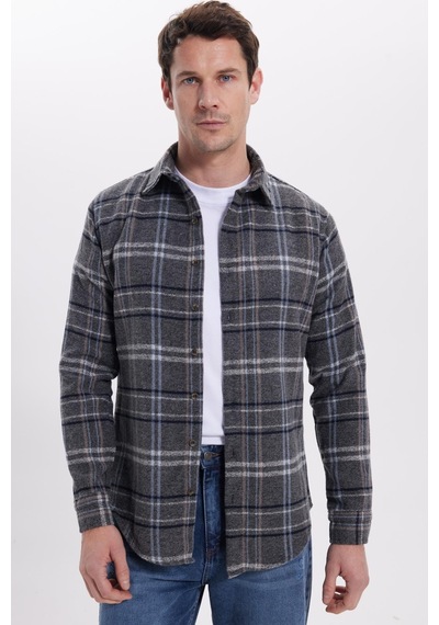 Tudors Erkek Slim Fit Dar Kesim Kareli Kışlık Oduncu Gömlek-42220 Gri