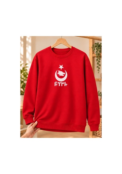 Mor Mürekkep Hilal İçinde Bozkurt Ve Göktürk Yazısı Baskılı Bisiklet Yaka Sweatshirt - Kırmızı