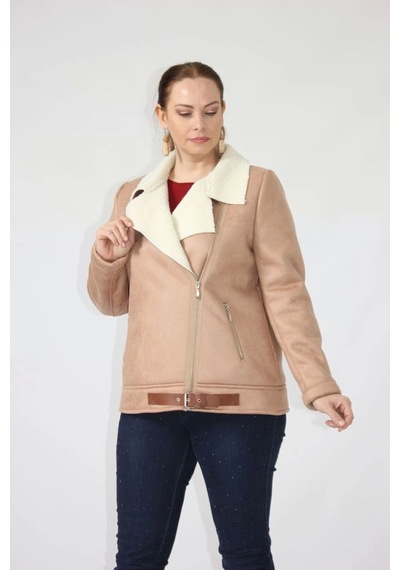 Moda Berray 3263 Kısa Içi Kürklü Eteği Kemer Detaylı Kaban Vizon Kahverengi