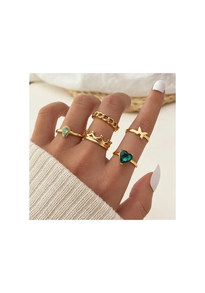 Lavin 6 Adet Yeşil Taşlı Aşk Temalı Şık Vintage 14 Şubat Sevgiliye Hediye Gold Altın Yüzük Seti