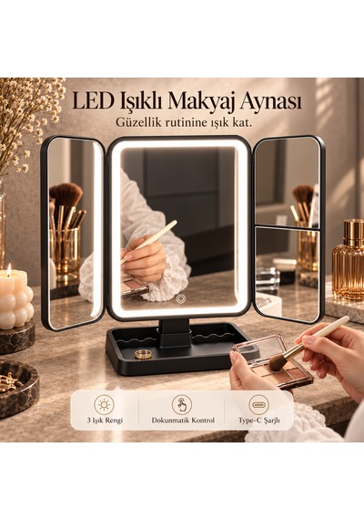 Tilbe Home Led Işıklı Makyaj Aynası Renkli Dokunmatik Büyüteçli Şarjlı Katlanabilir Masaüstü Stüdyo Ayna Siyah