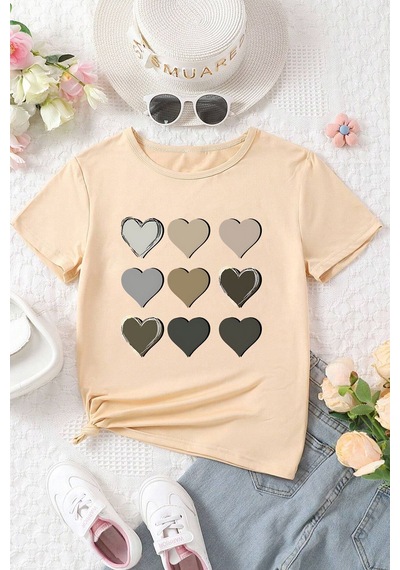 Uyguntarz Çocuk Kalp Baskılı Pamuklu Tshirt Bej