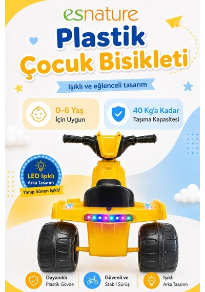 Esnature Plastik Çocuk Bisikleti 3 Tekerlekli Pedallı Led Işıklı Sarı 0-6 Yaş 40 Kg Taşıma Kapasitel