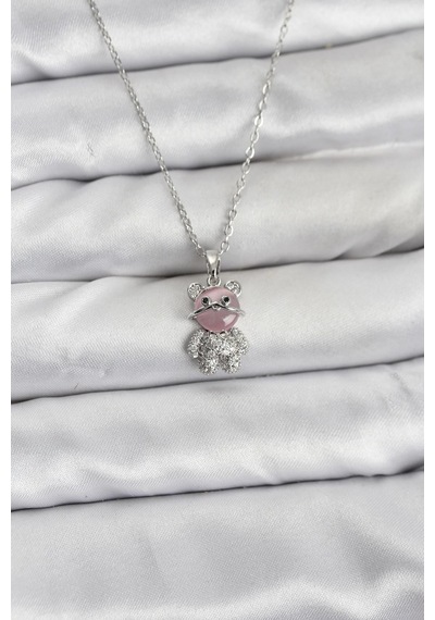 316l Çelik Zincir Gümüş Renk Teddy Bear Model Zirkon Taşlı Kadın Kolye Karışık Renk