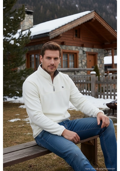 Buratti Slim Fit Anti-Pilling Tüylenme Yapmayan Bato Yaka Kışlık Şardonlu Erkek Polar 5906001 Ekru