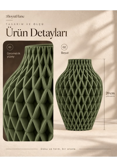 Baklava Desenli Dekoratif Vazo 20 Cm Kuru Çiçeklik Yeşil
