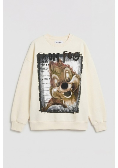 Itsbasic Kadın Ekru W5 Oversize Baskılı %100 Koton Organik Kumaş Sweatshirt