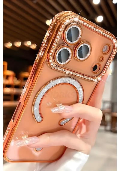 Fibaks iPhone 17 Pro Max Uyumlu Kılıf Taşlı Kamera Lens Korumalı Magsafe Şarj Kilifi Şeffaf Renkli Yumuşak Kapak