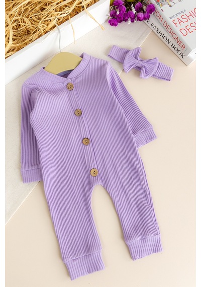 Babymod Fitilli Düğme İliklemeli Saç Bandlı Pamuklu Kız Bebek Tulum Set LİLA