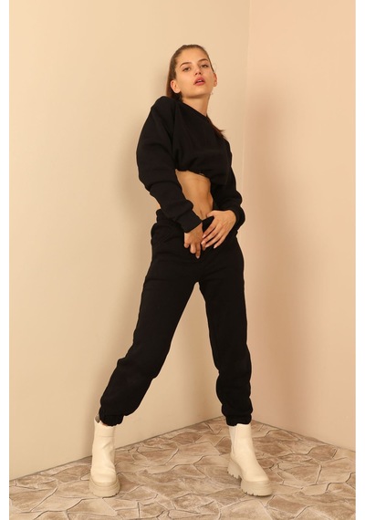 Kaktüs Moda Şardonlu 3 Iplik Kumaş Uzun Kol Kadın Sweatshirt Siya
