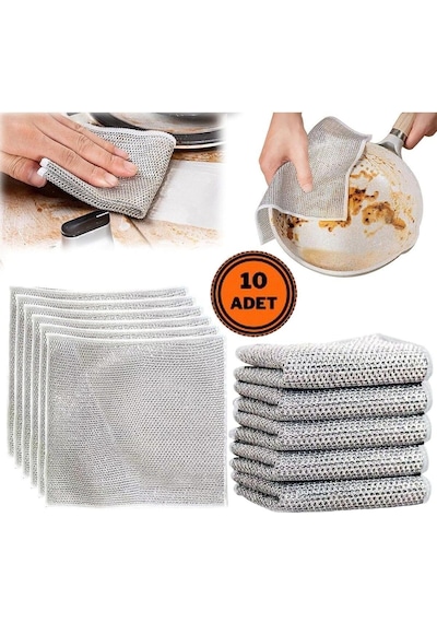 Mainshop 10 Adet Tel Bulaşık Bezi Çizmez Bulaşık Teli Çelik Bez 20x20 Cm Çift Katmanlı M-602 Gri