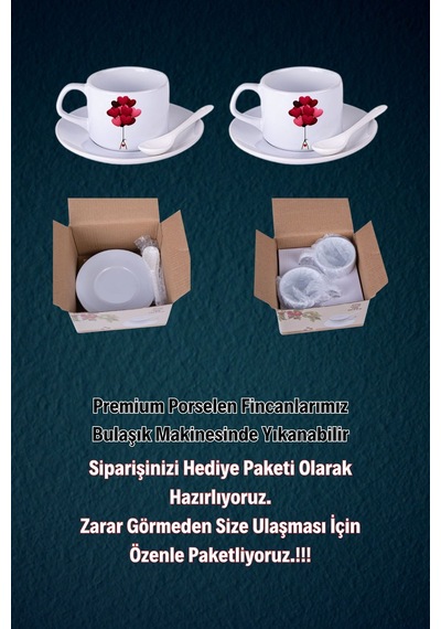 Sevgililer Günü Kalpli Baskılı 2 Li Set Kaşıklı Porselen Çay Kahve Fincan Seti-4 Beyaz